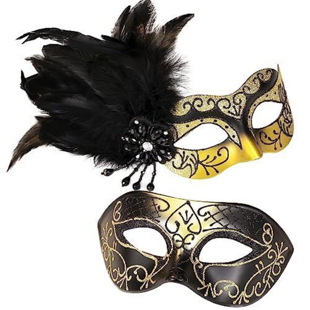6194 Glod Masquerade Mask for Couples - Mask with Feathers & Venetian Masks